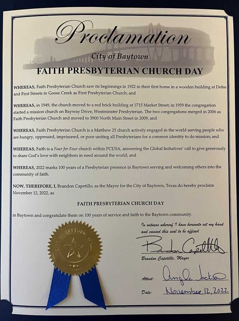 Mayor Capetillo Proclamation that November 12, 2022 is Faith Presbyterian Church Day